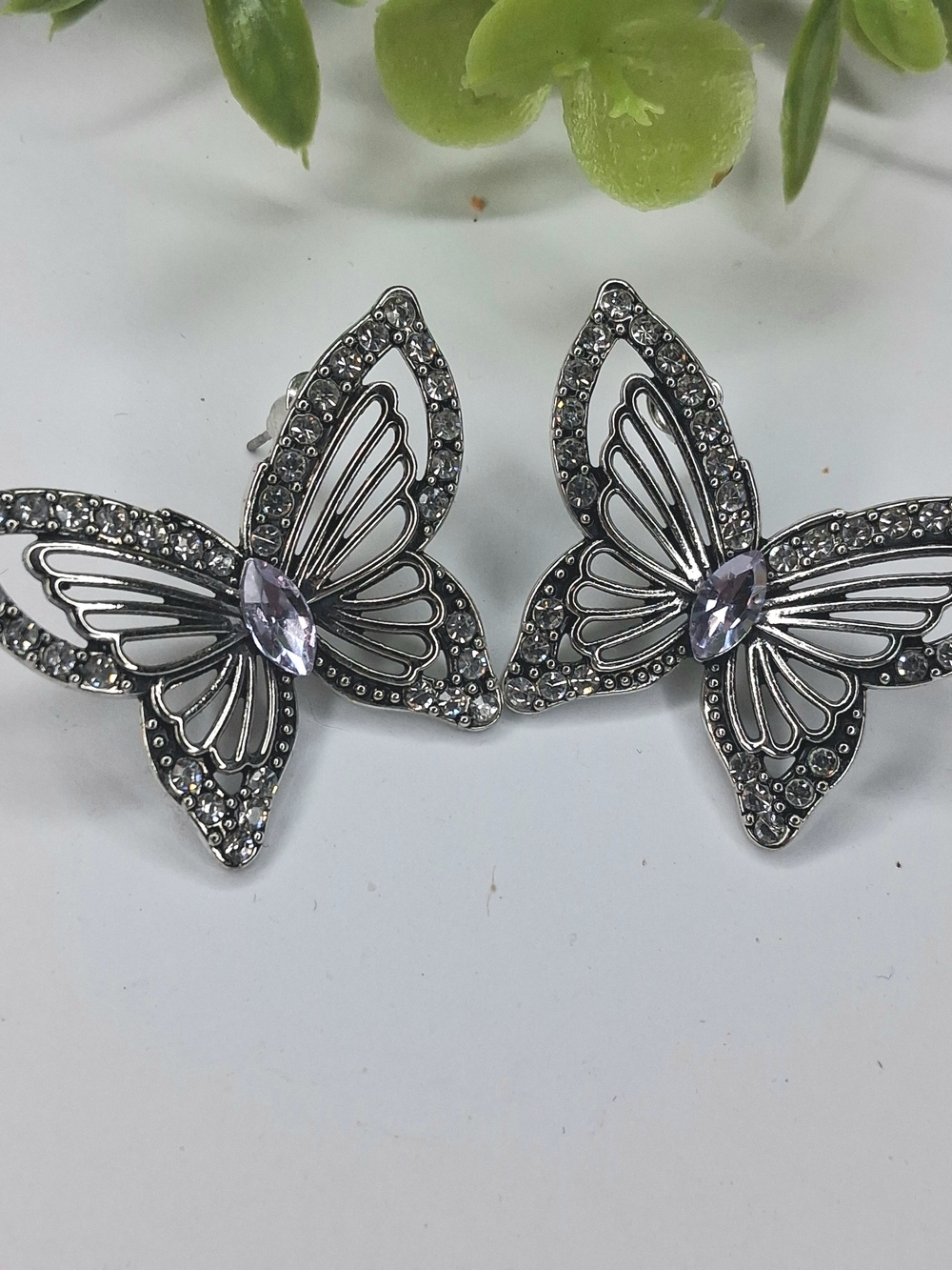 Silver Butterfly Stud Earrings with Light Purple Gem - Women Jewelry